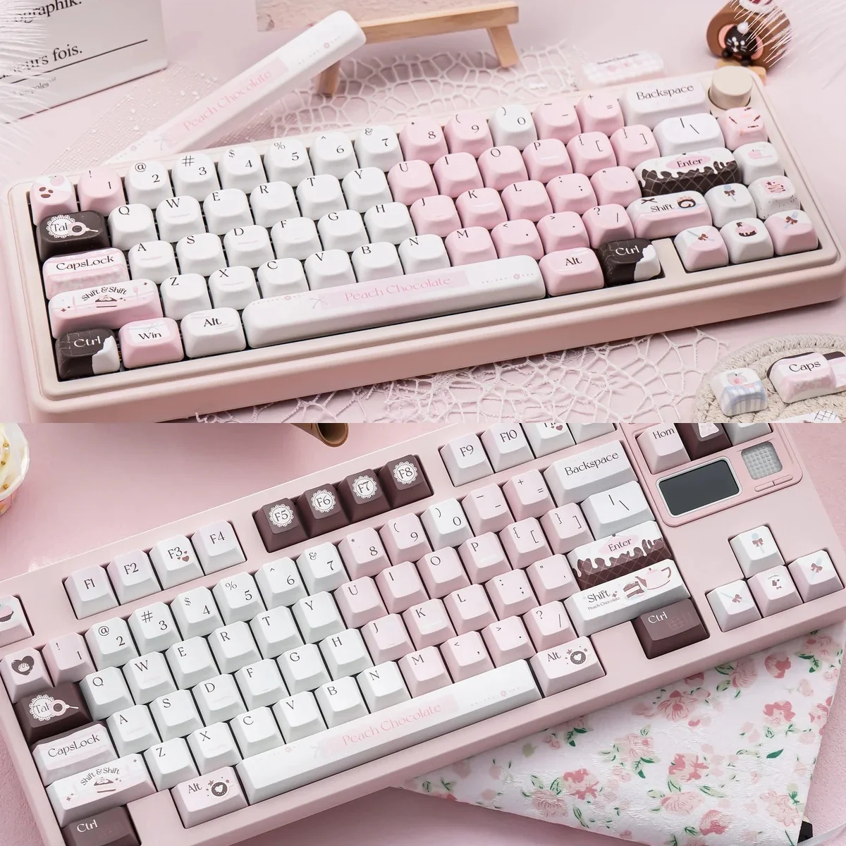 Pink Chocolate Series Keycap Set featuring charming hues keycaps with playful heart motifs, evoking sweet nostalgia.
