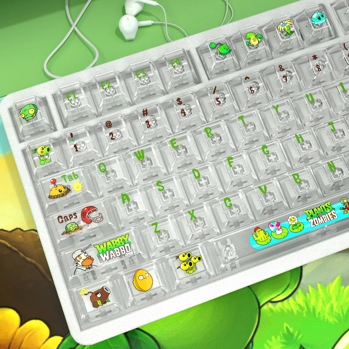 Playful close-up of Plants vs. Zombies transparent PC keycaps set. Vibrant PvZ characters on clear keycaps illuminate your desk with iconic gaming fun.