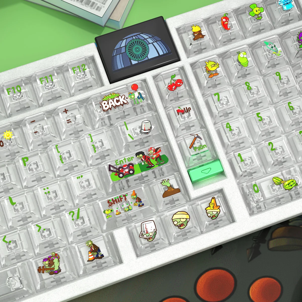 Vibrant Plants vs. Zombies transparent PC keycaps set, showcasing beloved characters from multiple angles, illuminating your gaming setup with playful design.