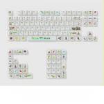 Vibrant Plants vs. Zombies transparent PC keycaps set, displaying iconic PvZ characters on clear frosted caps, illuminating a playful gaming setup.