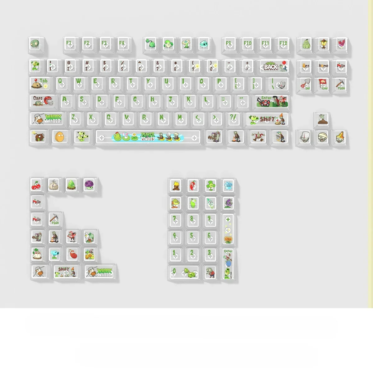 Vibrant Plants vs. Zombies transparent PC keycaps set, displaying iconic PvZ characters on clear frosted caps, illuminating a playful gaming setup.