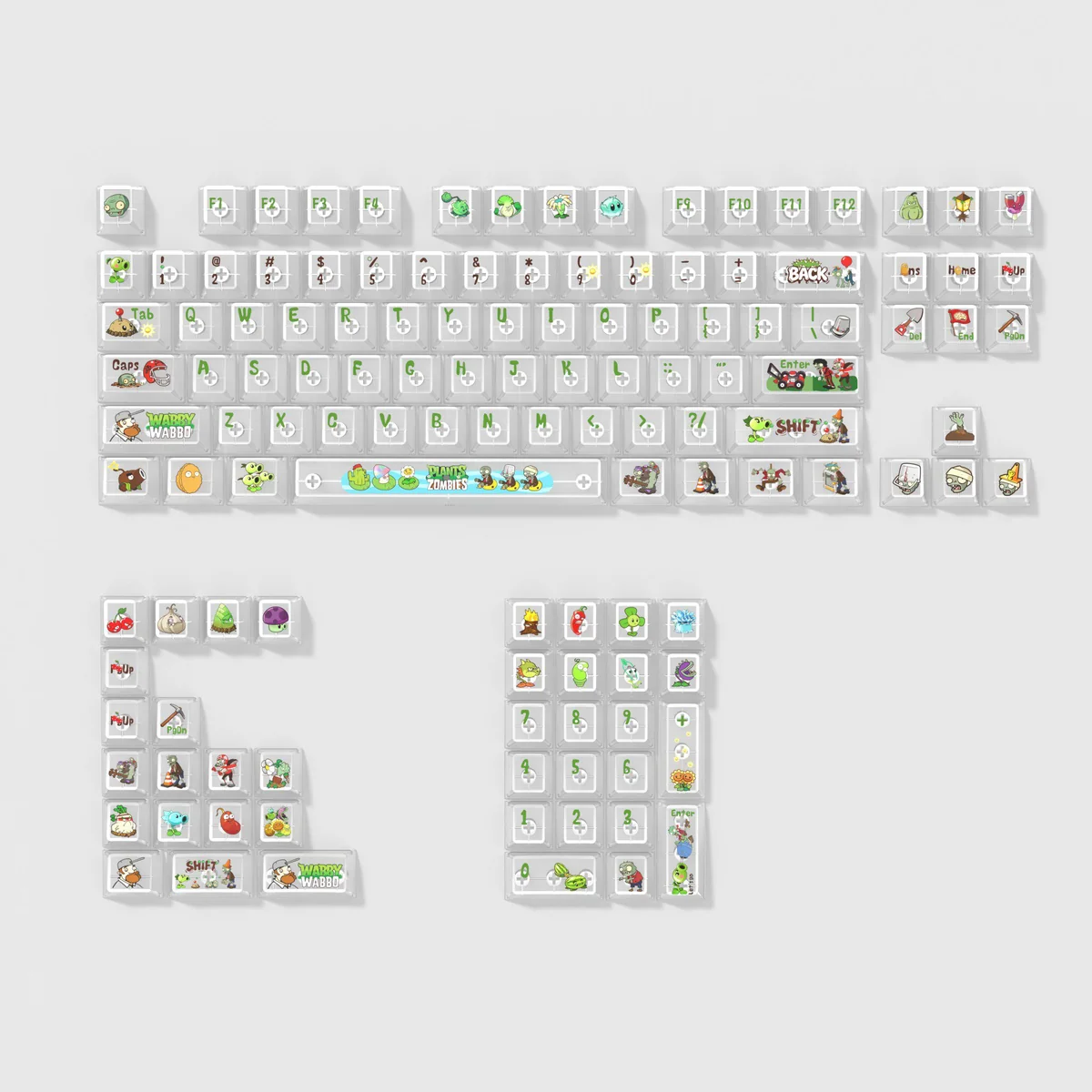 Close-up of vibrant Plants vs. Zombies transparent PC keycaps set, highlighting iconic PvZ characters on clear caps, ready to illuminate your gaming setup.