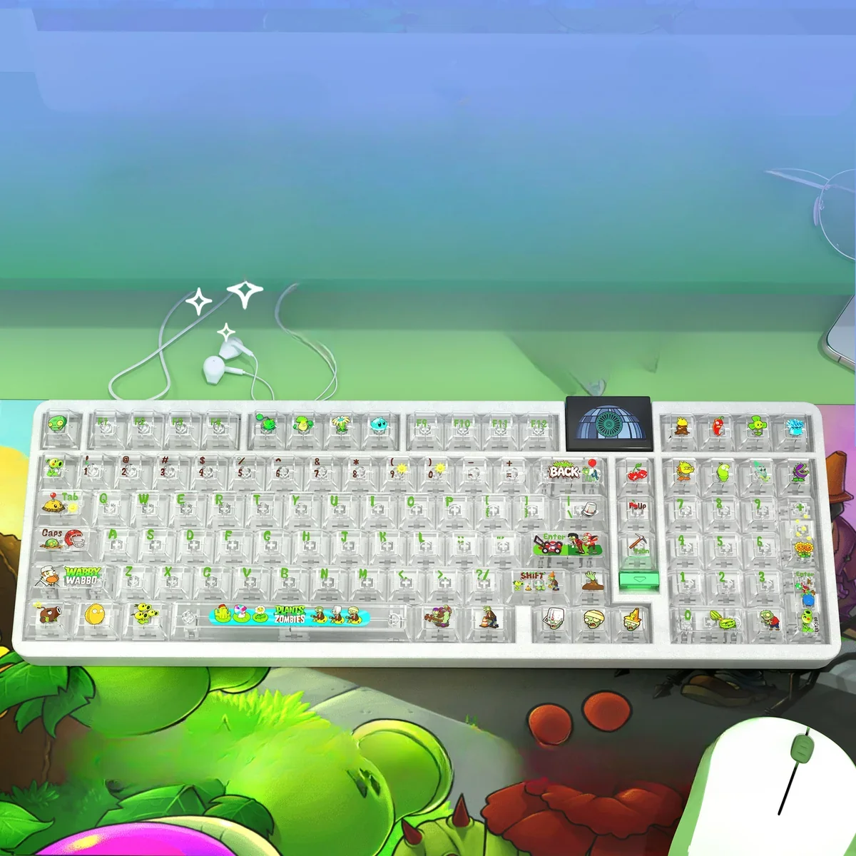 Vibrant Plants vs. Zombies transparent PC keycaps set featuring iconic PvZ characters, ready to illuminate your gaming setup with playful style.
