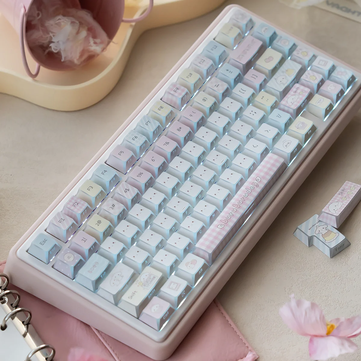 Artistic PBT Keycaps display unique side-engraved puppy folded shadows. Geometric patterns refract light, offering a whimsical, modern aesthetic.