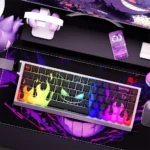 Multiple views of the mischievous Gengar PBT keycaps set, showcasing their vibrant purple backlit side-printed legends and playful Pokemon aesthetic.