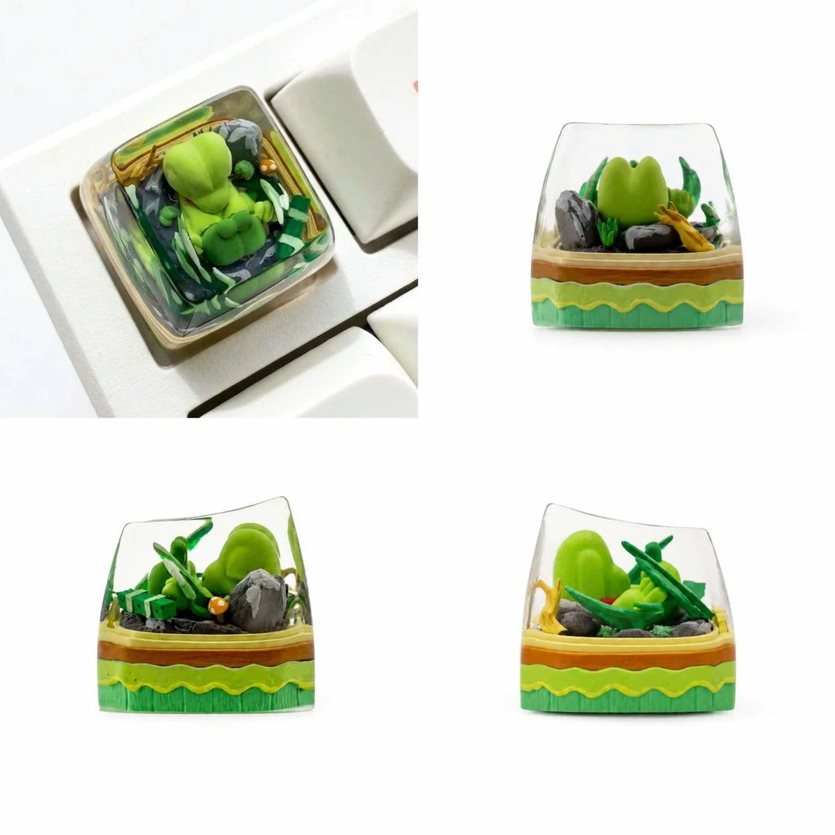 Vibrant, translucent artisan Treecko Pokemon SA resin keycap, handcrafted for RGB mechanical keyboards, displayed from a detailed, captivating angle.