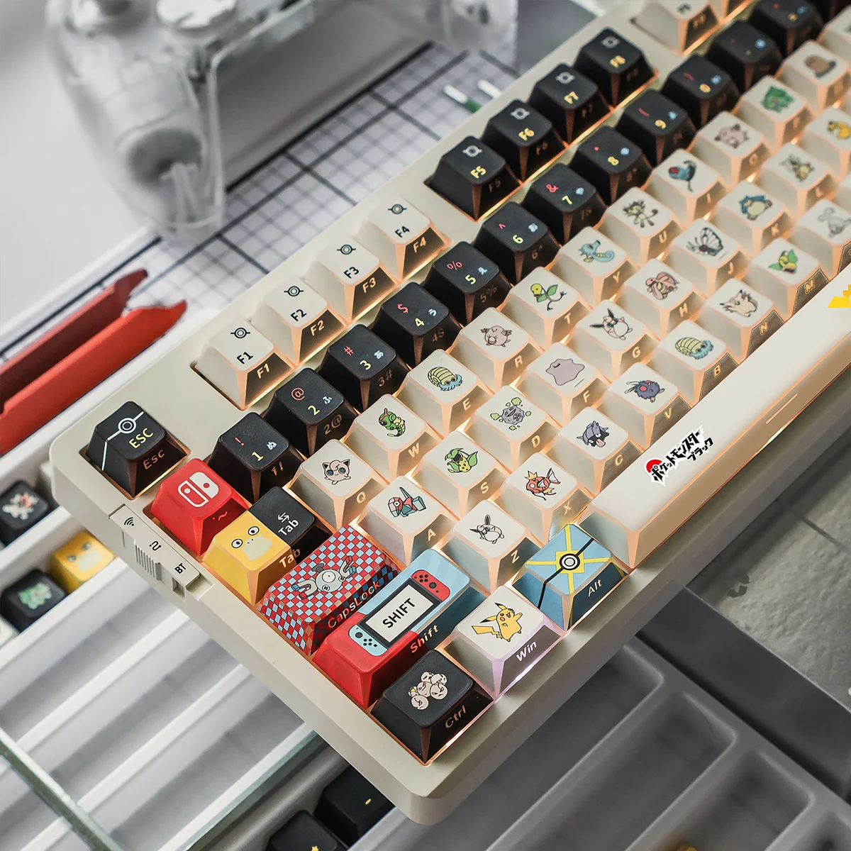 Pokemon PBT keycaps set with modern geometric art, stunning light refraction, crisp side-printed legends. Backlit design, various angles.