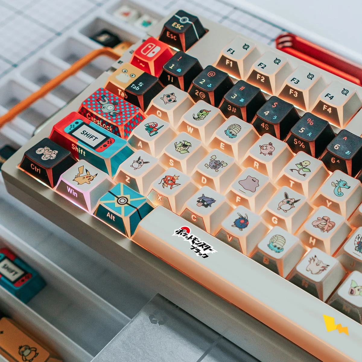 Pokemon PBT keycaps set – modern geometric art, vibrant backlit refraction, crisp side-printed legends. Premium, playful design.