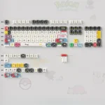 Collection of Pokemon PBT keycaps set from various angles, showcasing the modern geometric art and stunning backlit refraction for artistic touch.