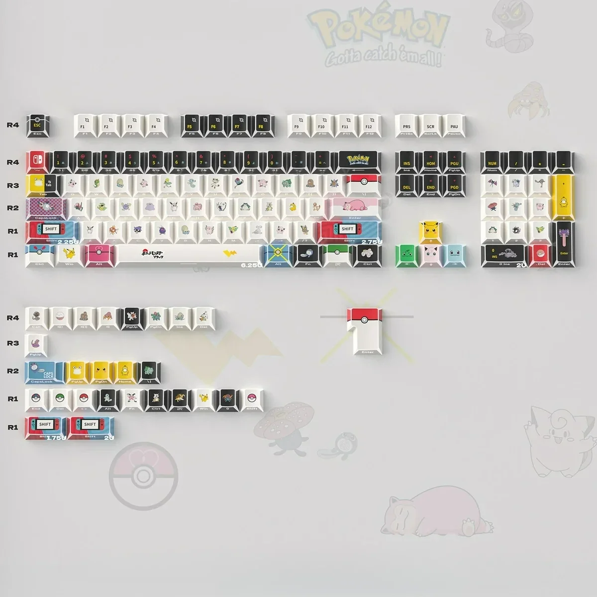 Collection of Pokemon PBT keycaps set from various angles, showcasing the modern geometric art and stunning backlit refraction for artistic touch.