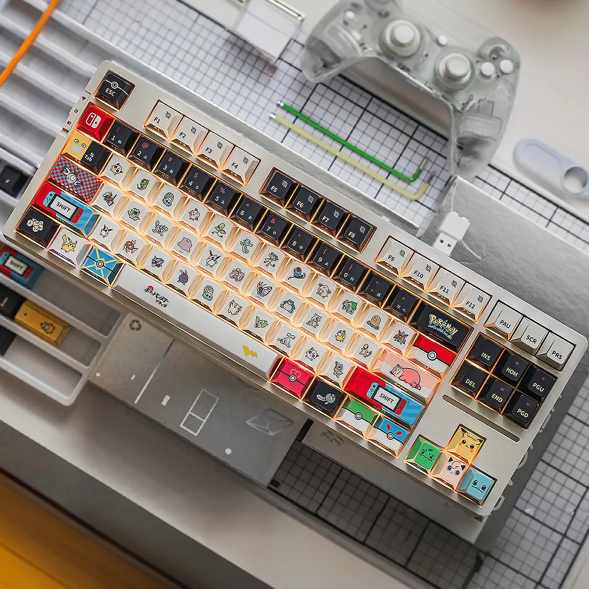 Pokemon PBT keycaps set, showcasing artistic geometric designs with stunning backlighting and crisp legends.