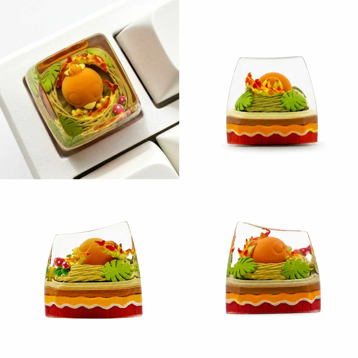 Vibrant, handcrafted Torchic Pokemon artisan keycap gallery. Shows translucent resin, classic SA profile, and stunning backlit details.