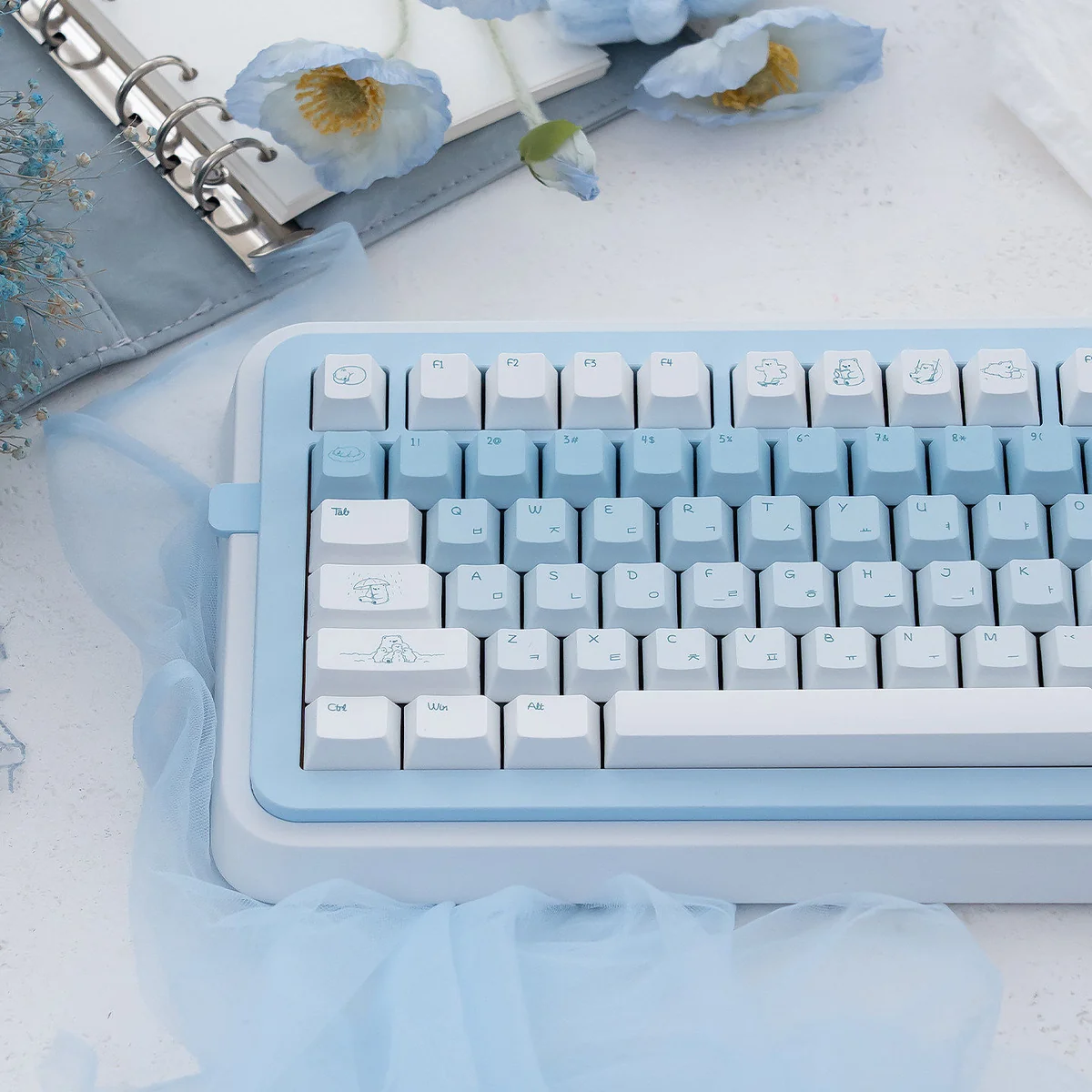 Close-up of the Arctic Bear Gradient Blue PBT Dye-Sub Keycap Set, showcasing its durable quality and serene, ice-inspired aesthetic from multiple.