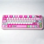 Iconic Powerpuff Girls PBT dye-sub keycap set, seen from playful angles, highlighting vibrant cartoon characters for heroic fun.