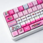 Playful close-up showcasing the iconic Powerpuff Girls PBT dye-sub keycap set from a new angle, revealing vibrant cartoon characters and durable design.