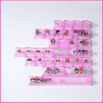 A vibrant, playful Powerpuff Girls PBT dye-sub keycap set for heroic fun, displayed from various angles to showcase iconic characters and colorful design.