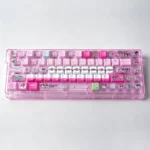 Iconic Powerpuff Girls PBT dye-sub keycap set, vibrantly featuring Blossom, Bubbles, and Buttercup in a playful, cartoon style for ultimate heroic fun.