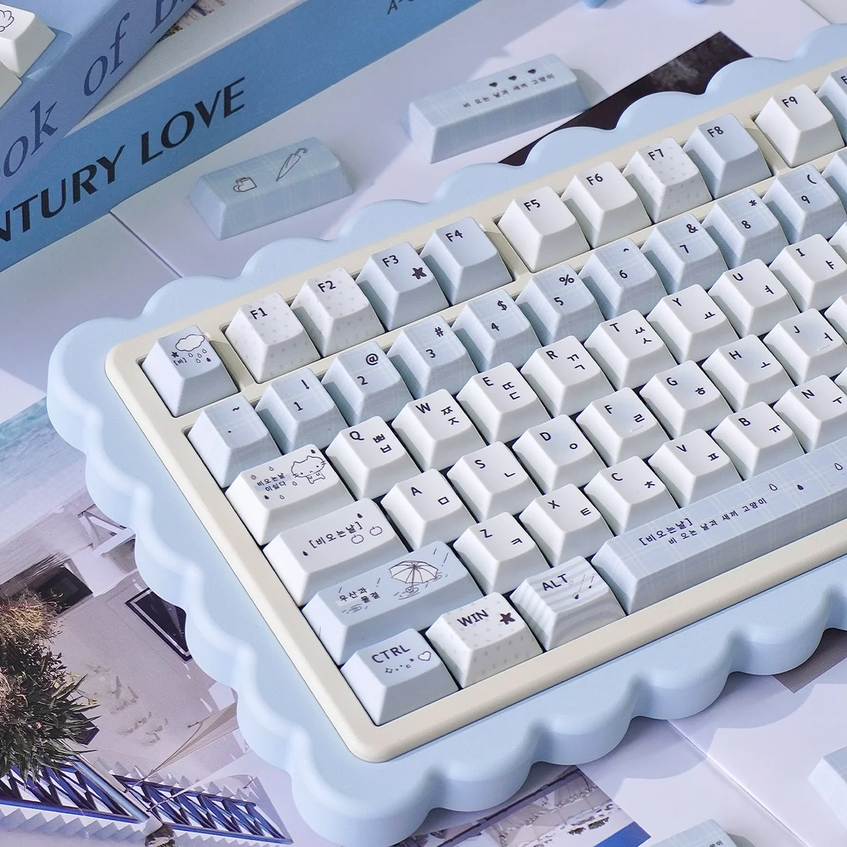 Discover the delightful details of the Whimsical Blue Rain PBT Keycaps set, with adorable cartoon characters visible from different angles.