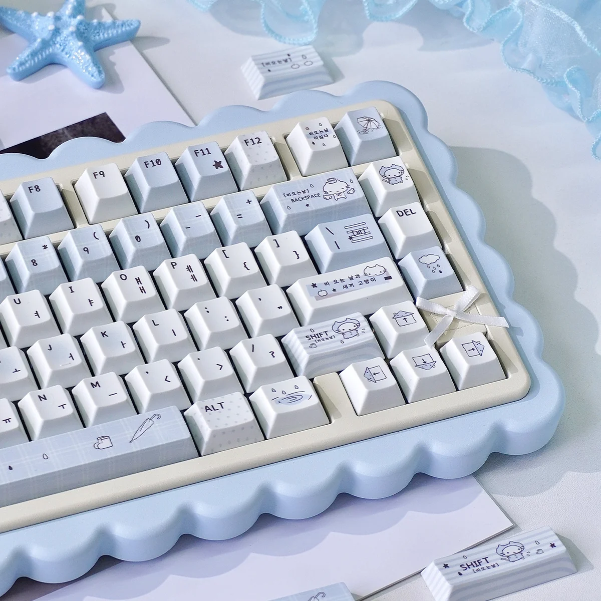 Adorable blue rain PBT keycaps set, showcasing whimsical cartoon characters and vibrant colors from multiple angles, perfect for a playful keyboard aesthetics.