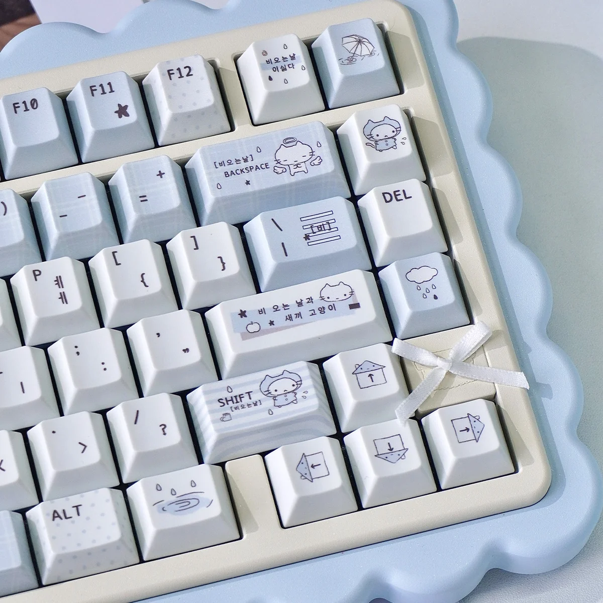Close-up of the adorable Whimsical Blue Rain PBT keycaps set, showcasing their vibrant cartoon characters and playful blue design from a unique angle.