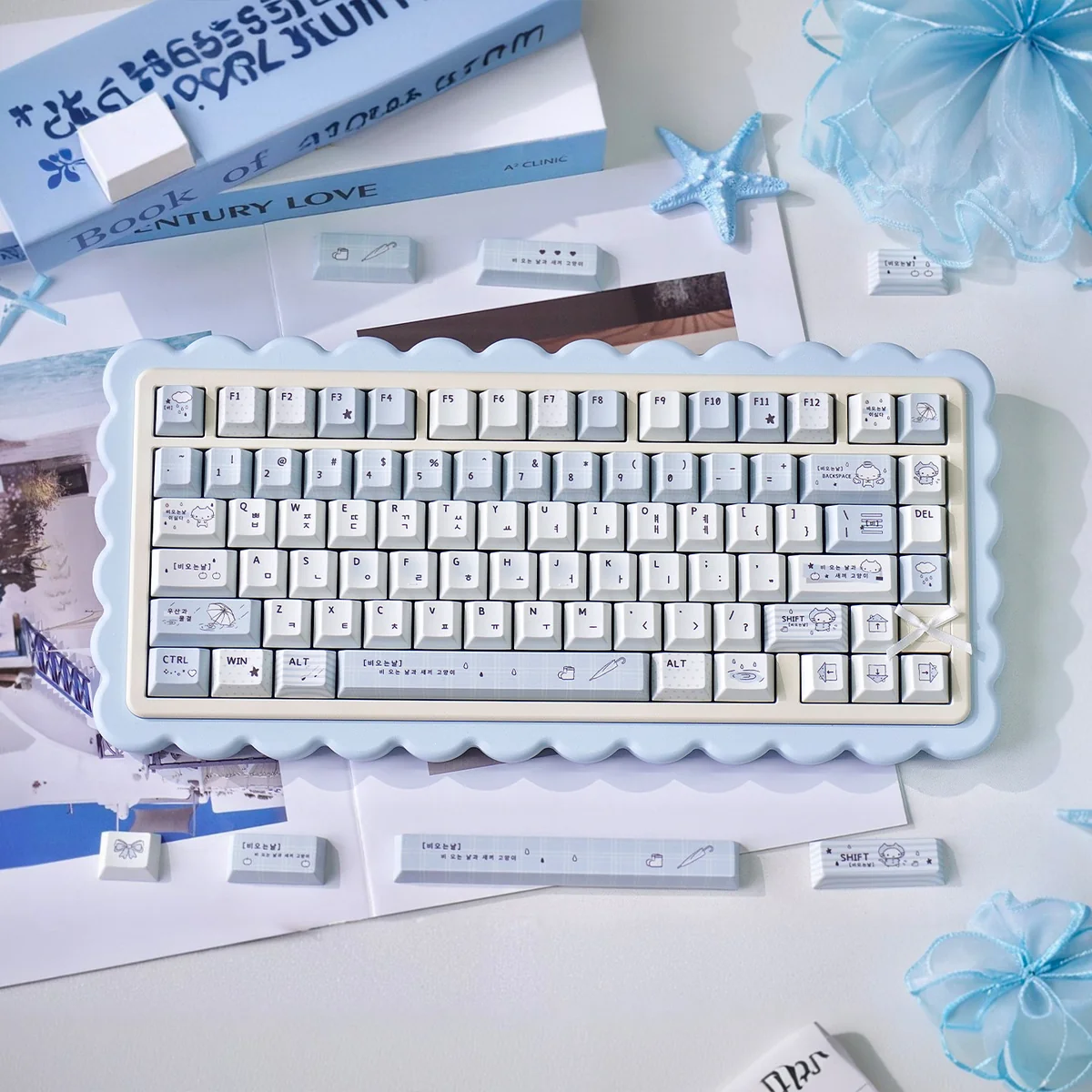 Adorable Blue Rain Keycap Set, a whimsical PBT cartoon set featuring cute characters and vibrant hues, designed to brighten any keyboard.