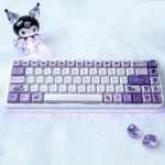 Mischievous Kuromi PBT keycap set in a gallery view, highlighting vibrant side-lit legends. Perfect for dynamic backlighting.