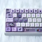 Mischievous Kuromi PBT keycap set shown from multiple angles, emphasizing the vibrant design and unique side-lit legends.