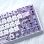 Detailed view of the mischievous Kuromi Keycap Set, highlighting vibrant PBT keys from various angles. Enjoy the iconic design.