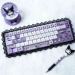 Mischievous Kuromi PBT keycap set from various angles. Vibrant designs highlight side-lit legends, perfect for dynamic backlighting.