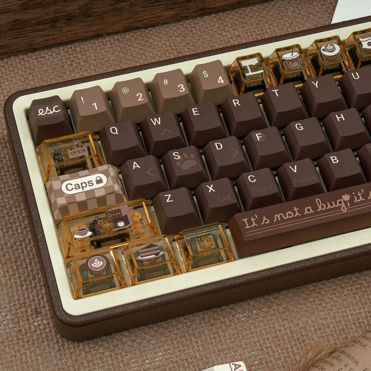 Unique Programmer Coffee PBT Dye-Sub Keycap Set displayed from various angles, revealing cozy coffee shop and abstract coding motifs for a warm dev desk.