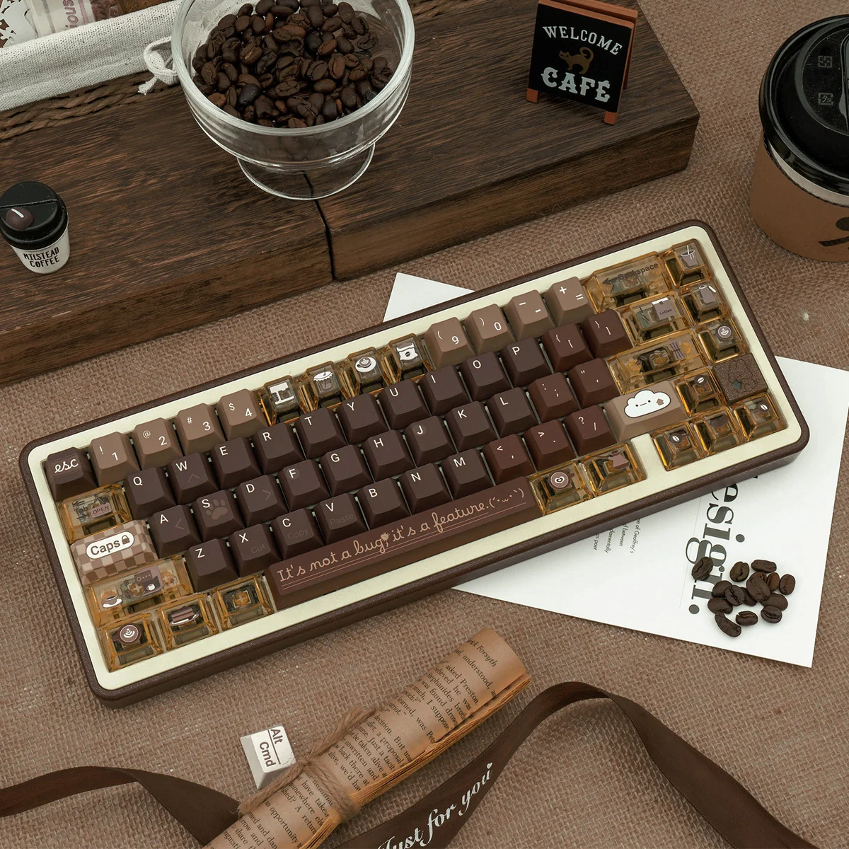 Unique Programmer Coffee PBT Dye-Sub Keycap Set, showcasing cozy coffee shop aesthetics and coding motifs for a warm dev desk.