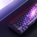 Gallery of stunning purple galaxy PBT keycaps set, highlighting their mesmerizing cosmic design and subtle side-printed legends from multiple artistic design.