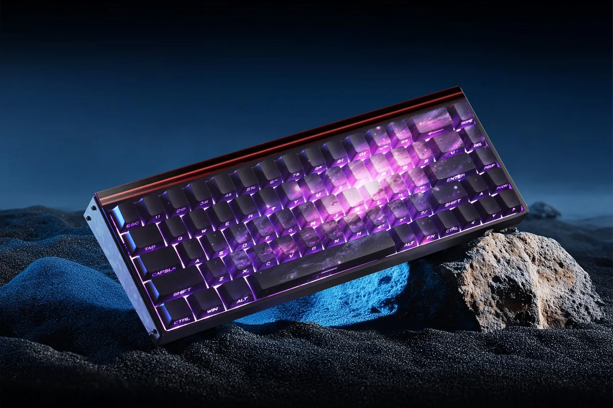 Stunning Purple Galaxy PBT side-printed keycaps set. This artistic gallery highlights cosmic hues and subtle legends from diverse angles.