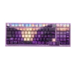 Close-up of translucent purple PBT keycaps set from the Ethereal Valley set, showcasing their mystical glow and durable texture from a unique angle.