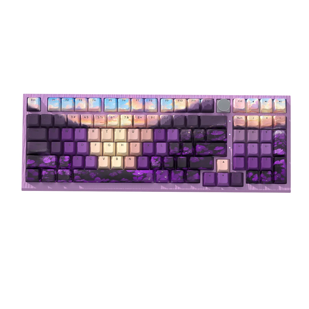 Close-up of translucent purple PBT keycaps set from the Ethereal Valley set, showcasing their mystical glow and durable texture from a unique angle.