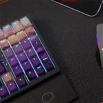 Purple PBT Keycaps Set from the Ethereal Valley translucent set, captured at an artistic angle, highlighting their durable finish and mystical glow.
