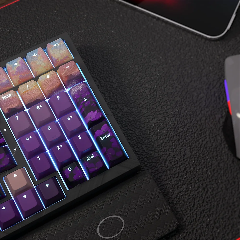 Purple PBT Keycaps Set from the Ethereal Valley translucent set, captured at an artistic angle, highlighting their durable finish and mystical glow.