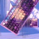 Angled close-up of the Ethereal Valley translucent purple PBT keycaps set, showcasing their durable build, mystical design, and illuminated legends.