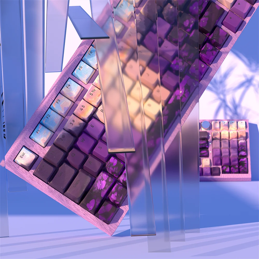Angled close-up of the Ethereal Valley translucent purple PBT keycaps set, showcasing their durable build, mystical design, and illuminated legends.