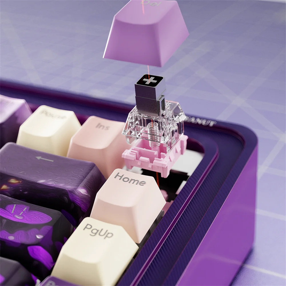 Detailed view of Ethereal Valley translucent purple PBT keycaps set, highlighting their durable design and mystical legends for backlit keyboards.
