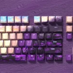 Purple PBT Keycaps Set: Ethereal Valley translucent set. Durable PBT and mystical dark fantasy legends for backlit keyboards, shown artistically.