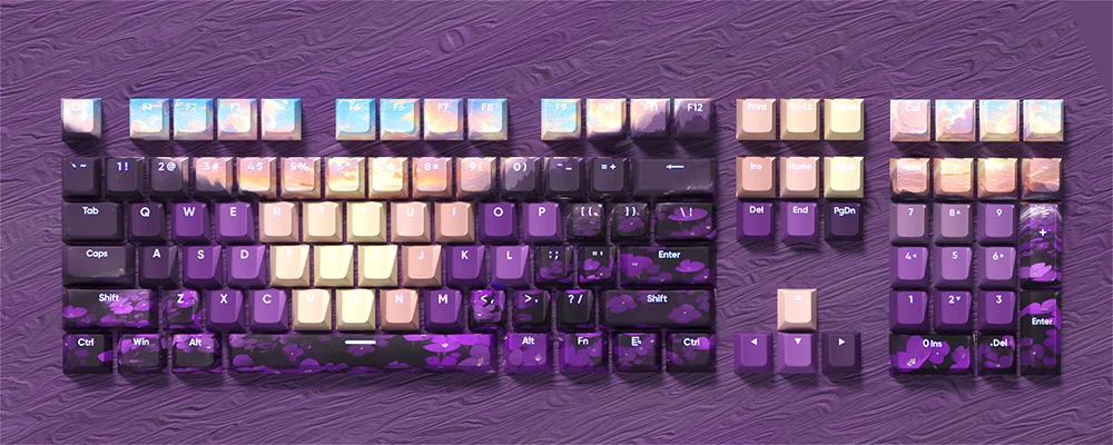 Purple PBT Keycaps Set: Ethereal Valley translucent set. Durable PBT and mystical dark fantasy legends for backlit keyboards, shown artistically.