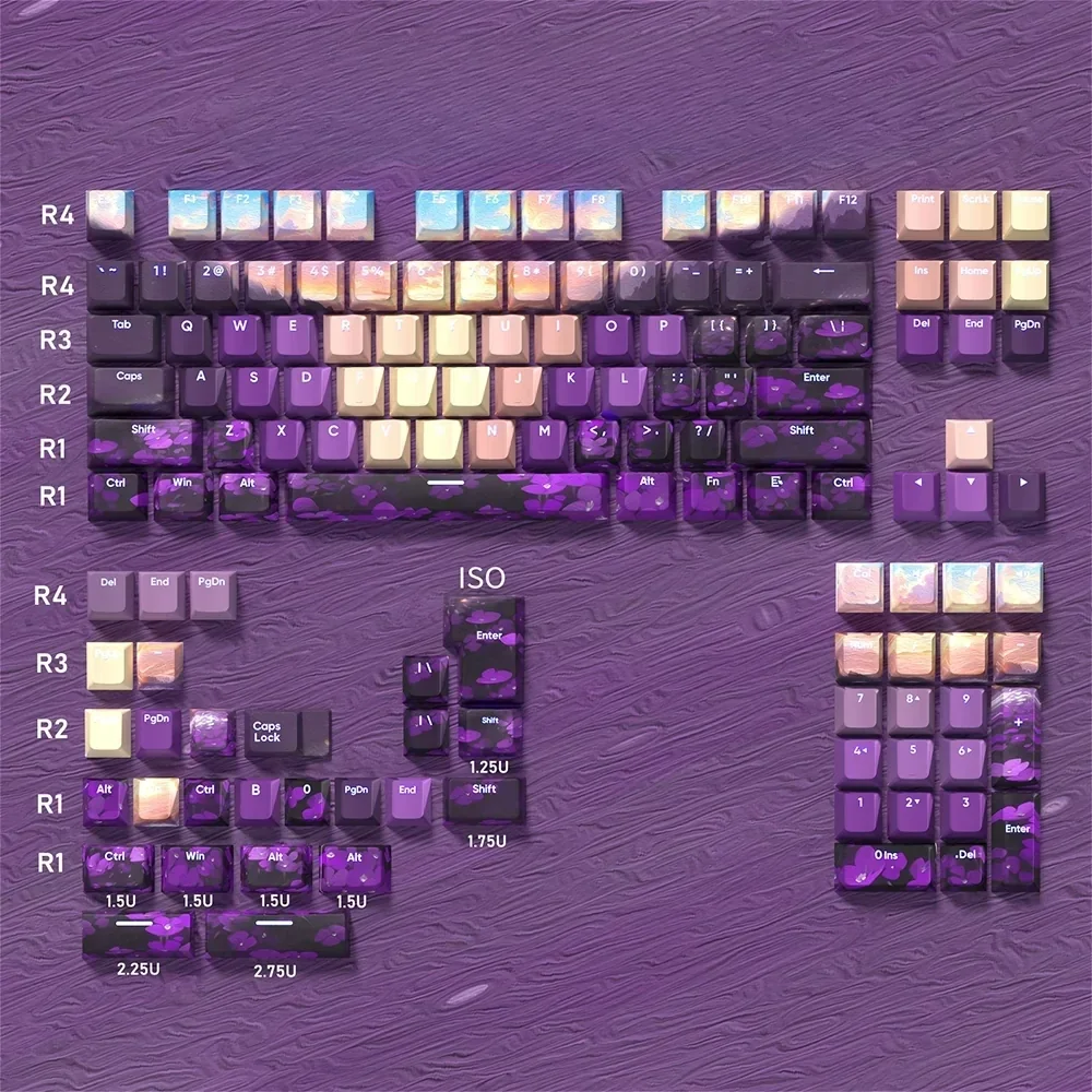 Ethereal Valley 135-key purple PBT keycap set, featuring translucent legends for backlit keyboards and a mystical dark fantasy aesthetic.