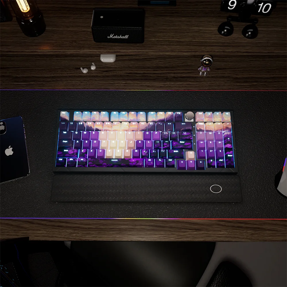 Ethereal Valley Purple PBT Keycaps Set showcasing a mystical translucent design, perfect for backlit keyboards. Durable PBT ensures a lasting, dark fantasy design.