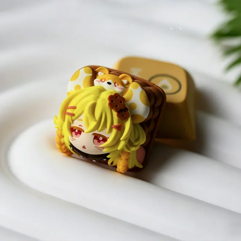 Whimsical handmade resin mouse keycap showcasing its adorable biscuit design from multiple angles. Perfect for ESC keys.
