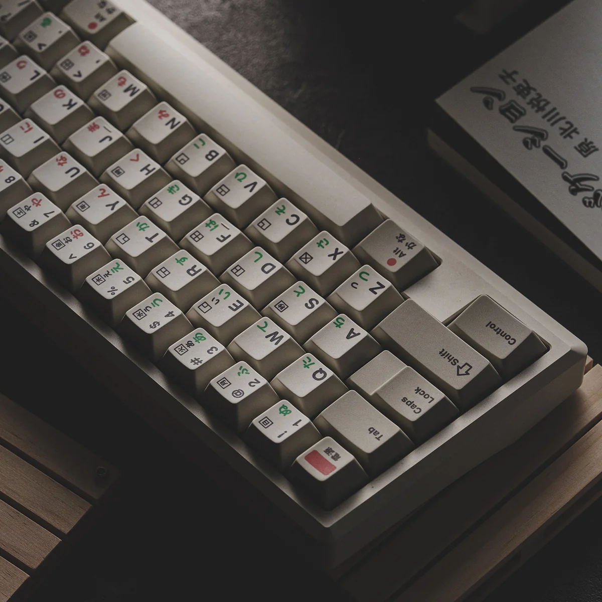 Retro Japanese Keycaps FS4000 vintage PBT set shown from multiple angles, emphasizing its authentic 90s aesthetic and unique legends.
