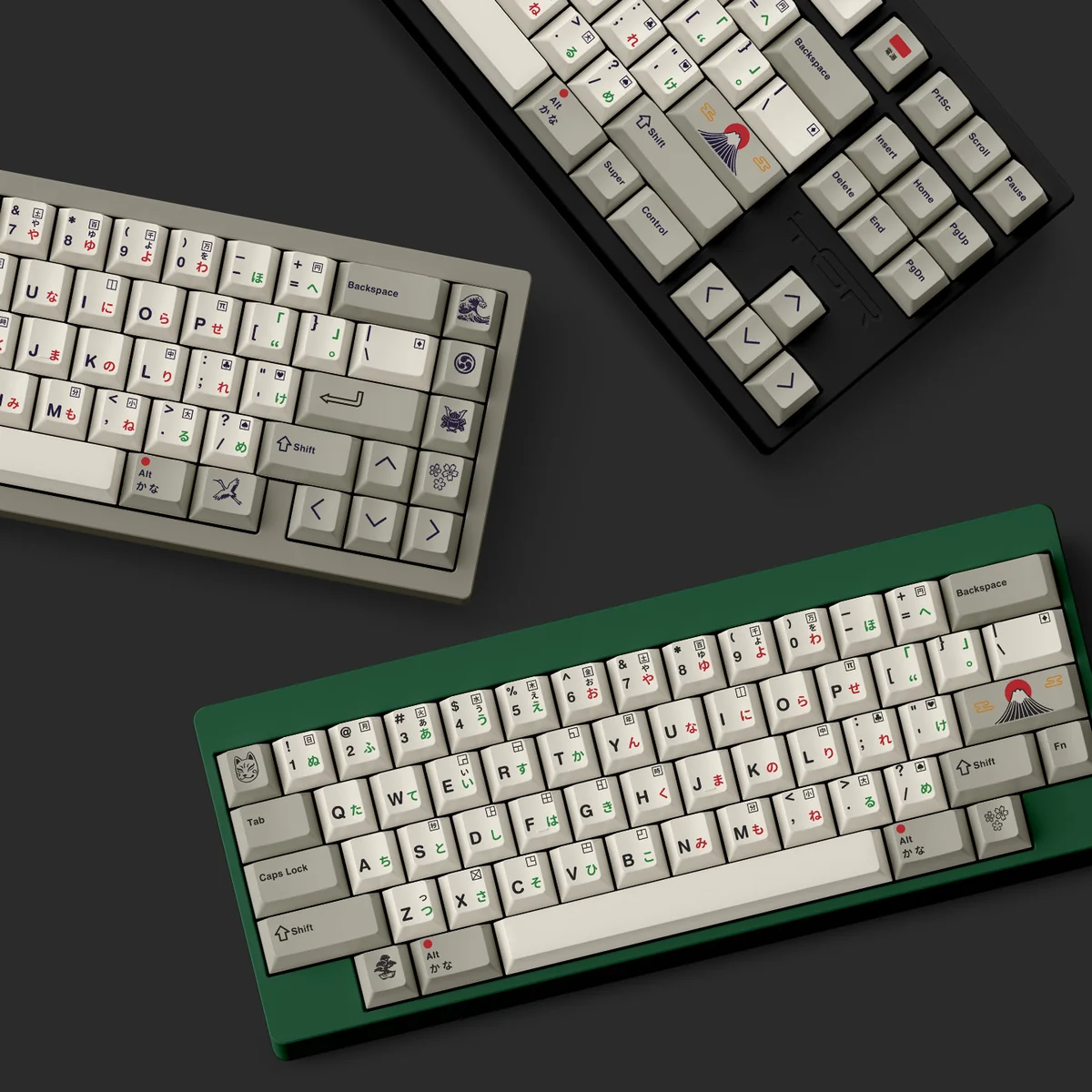 Multiple views of the Retro Japanese Keycaps Set FS4000, a vintage PBT set with authentic 90s retro aesthetic and unique dye-sub legends.