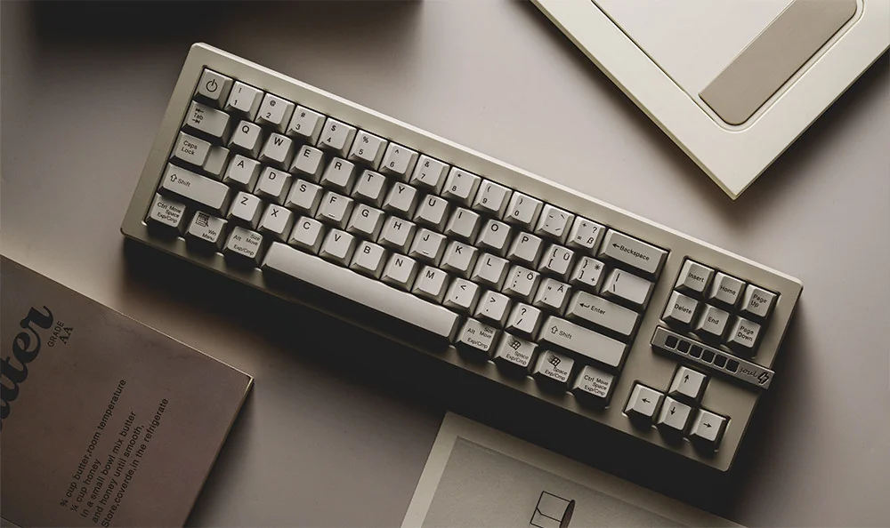 Retro Sun Cherry Keycap Set showcased, featuring classic warm tones and an elegant vintage aesthetic perfect for nostalgic builds.