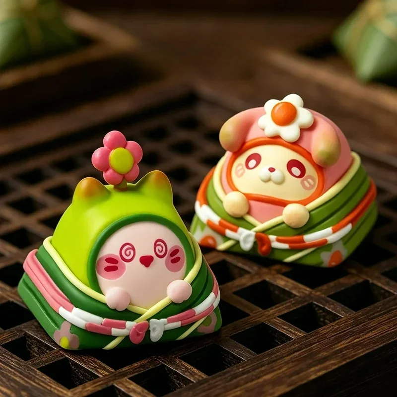 Close-up of a vibrant, handcrafted Rice Dumpling artisan resin keycap for ESC, showcasing intricate details from multiple angles, celebrating cultural festival.