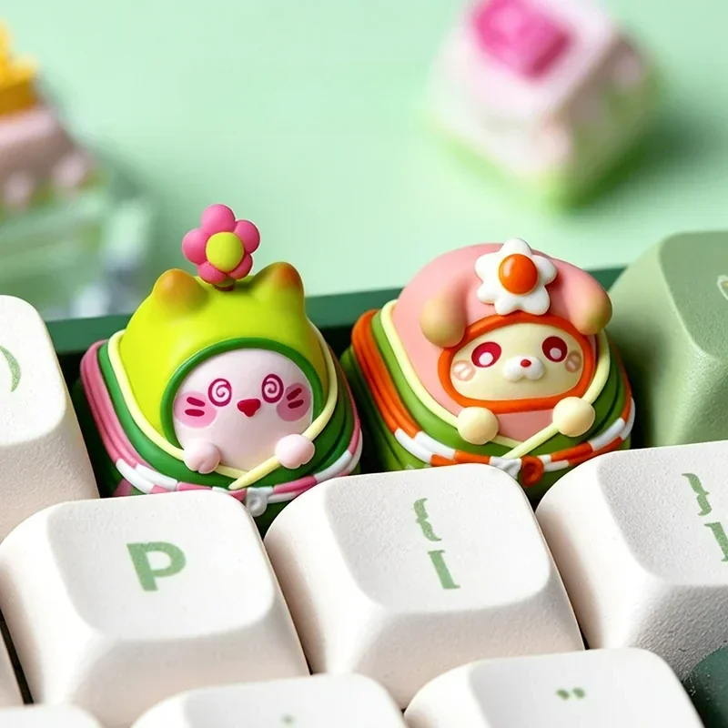 Vibrant handcrafted Rice Dumpling keycap, an intricate artisan resin ESC for mechanical keyboards, celebrating cultural festivity with miniature dumpling design.